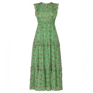 Banjanan Women’s 100% Cotton Tiered Ruffled Floral Fit Flare Midi Dress Sz XL